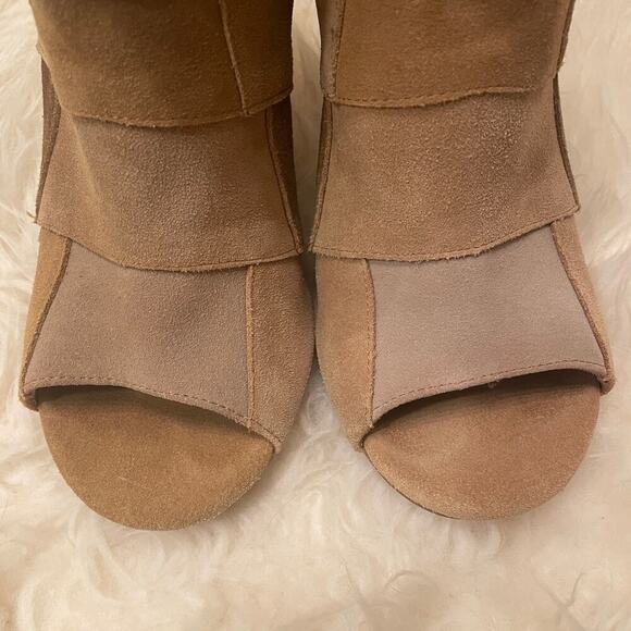 Torrid 7W Patchwork Heeled Booties | Leather Upper, Peep Toe, Neutral Suede - Picture 6 of 9